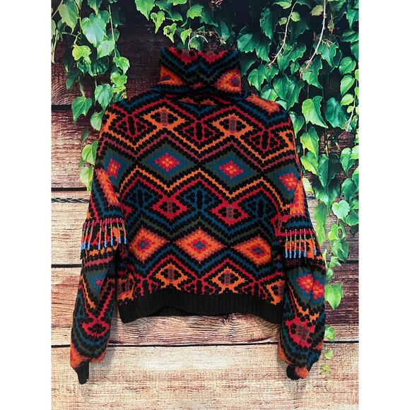 Farm Rio Rauti Beaded Sweater Small Turtleneck Aztec Knit Tassel Multicolor Top - Picture 8 of 11